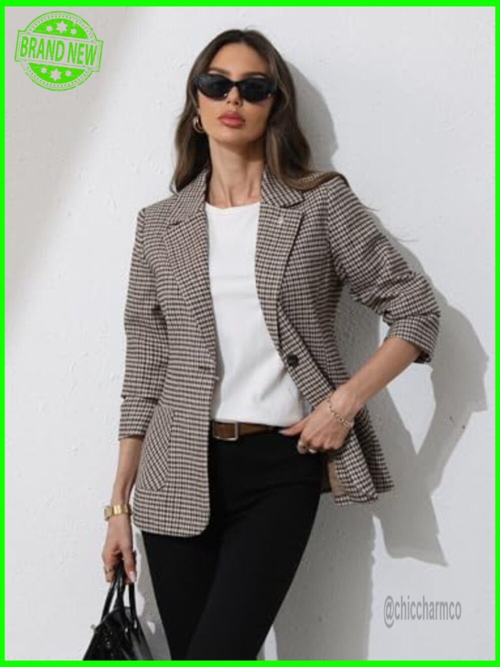 Plaid Blazer with Embroidered Collar Houndstooth Work Office Jacket - Picture 3 of 7
